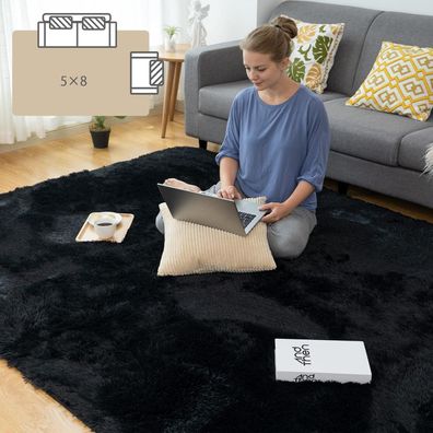 Choshome Schwarzer Shaggy Hochflor Teppich 150x240cm Anti-Rutsch Flauschiger