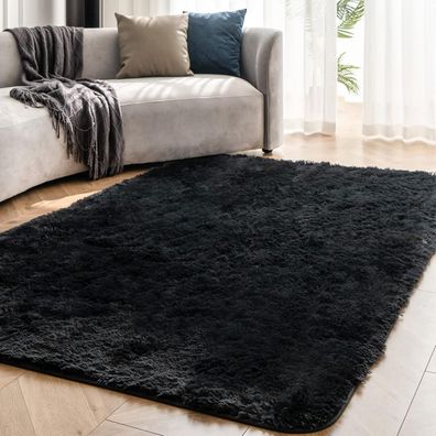 Hochflor Teppich 150x240cm Schwarz Wohnzimmer Schlafzimmer Antirutsch Super