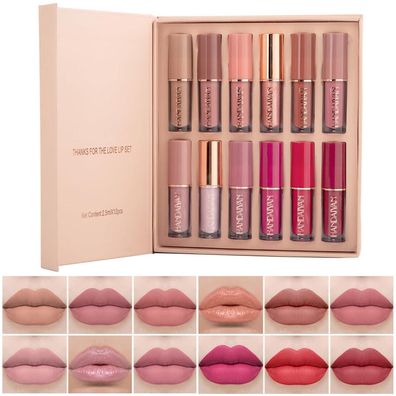 Lipgloss Set 12 Farben Nude Matte Lippenstift Wasserfest Frauen Geschenk