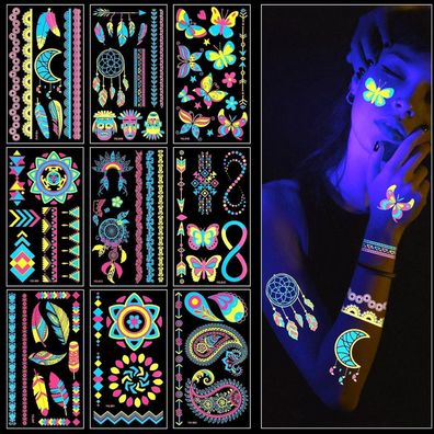 Neon Tattoos UV Body Face Painting 9 Blätter Temporäre Tätowierung Frauen Männer