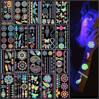 Neon Tattoos 20 Blätter Temporäre UV Body & Face Painting Tätowierung UV Party