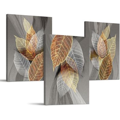 Wandbild Blätter Natur Golden Pflanzen Leinwandbild 40x58cm 3Stück bunt