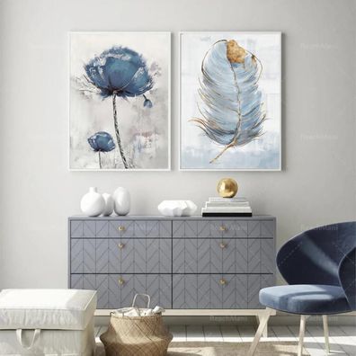 Herfair Blumen Feder Wandbilder Poster Set Blau Leinwandbilder (40 x 50
