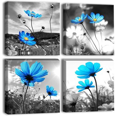 4-teilig Leinwandbilder Blaue Blumen Kunstdruck - Moderne Wandbild 30x30 cm