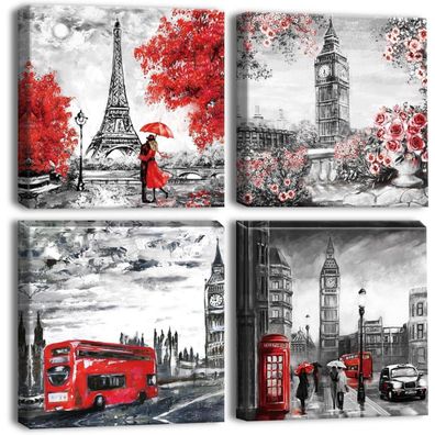 4-teiliges Leinwandbild Paar Big Ben Eiffelturm Kunstdruck 30x30cm