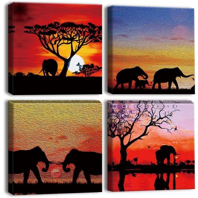 Leinwandbilder Elefanten Sonnenuntergang Wandbild 30x30cm 4-teilig