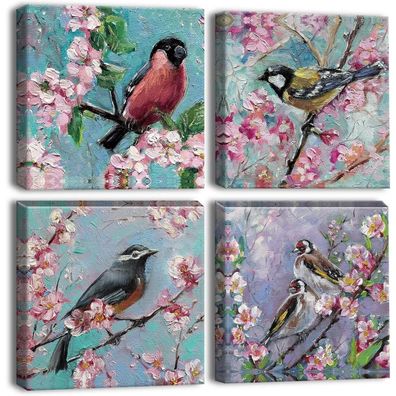 Artscope 4-teilig Leinwandbilder Ölgemälde Blumen Vögel Wandbild 30x30cm