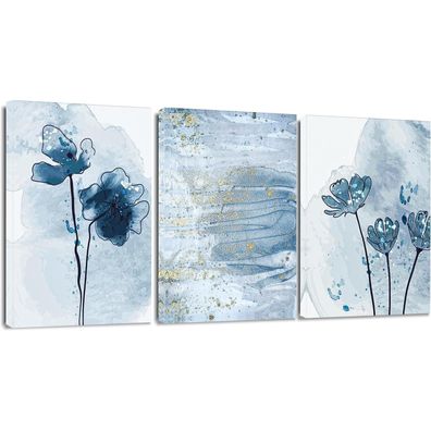 Moderne Abstract Leinwandbilder Blau Gold Aquarell 30x40cm 3-teilig