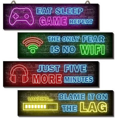 4er Set Neon Gaming Holzschilder Poster Wandbilder Playstation Wohnzimmer