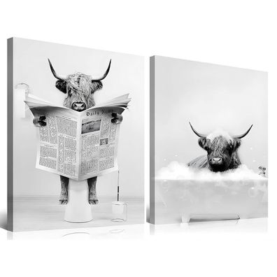Badezimmer Bilder Hochland Kuh Leinwand Schwarz Weiß Rahmen Set 30x40 cm