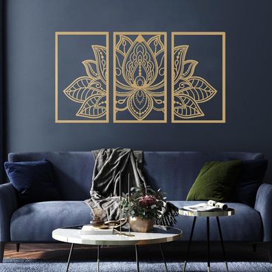 Großes Lotus-Blume-Metall-Wanddeko Set Religion Glaube Mandala 110cm x 56cm Gold