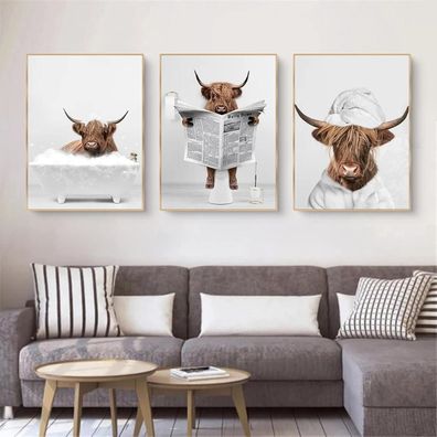 3-teiliges Premium Poster Set Hochland Kuh Leinwand Kunst Nordisches Badezimmer