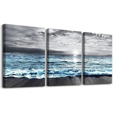 Sonnenaufgang Leinwandbild Strand Vogel Grau Blau 40x30 Wandbilder