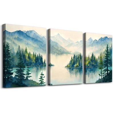 Aquarell Blaugrün Wald Leinwand Bilder Set 30x40cm x 3