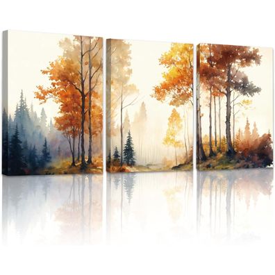 Aquarell Wald Nebel Leinwand Bilder Set 30cm x 40cm x 3 Blau Herbst Natur