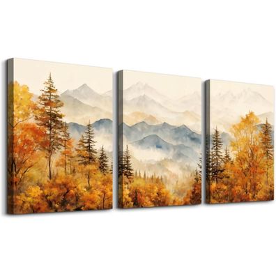 Aquarell Gold Wald Leinwand Bilder Set Wohnzimmer 30cm x 40cm x 3