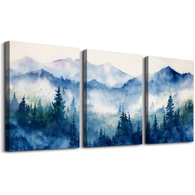 Aquarell Blau Wald Leinwand Bilder Set Wohnzimmer Schlafzimmer 40cm x 58cm x 3