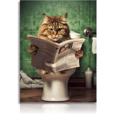 Lustige Katze in Toilette Lesend Wandbild 30x40 cm Badezimmer Deko