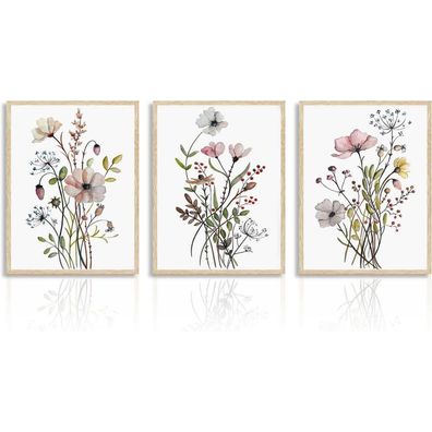 Botanische Blumen Leinwand Bilder 30x40 cm 3er Set Ungerahmt