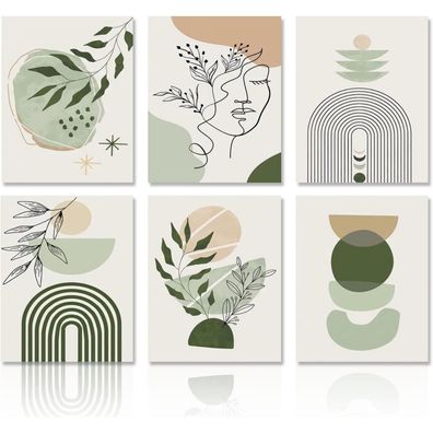Grüne Boho Leinwandbilder Wohnzimmer Schlafzimmer Dekor 20x25cm 6er Set