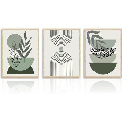Salbei Grün Boho Poster Wandbilder 30x40cm 3er Set - Abstrakt Geometrisch