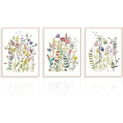 Aquarell Blumen Leinwand Bilder Set 3 Stück Wandkunst 30x40cm Ungerahmt