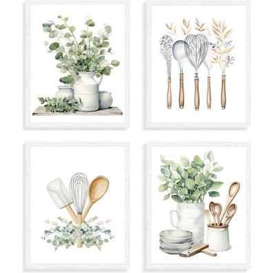 Botanische Küche Wandbilder Salbei Grün Eukalyptus Leinwand 20x25 cm 4er Set
