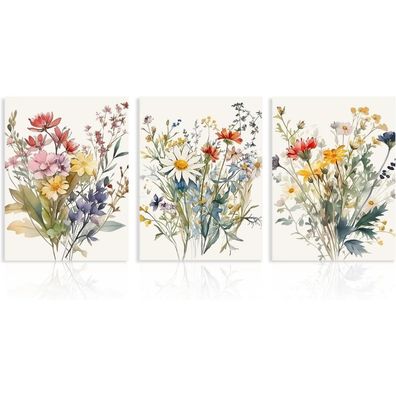 Aquarell Blumen Wandbilder Set 3 Stück Leinwand Dekor 30x40cm