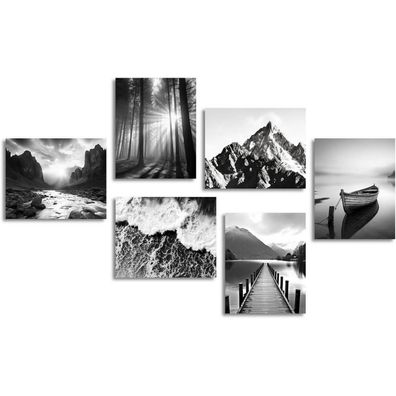 Dazzlewall Schwarz Weiß Wandbilder Natur Landschaften Leinwand 20x25 cm 6er Set