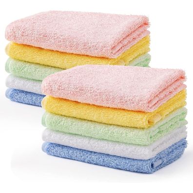 10er Baby Waschlappen Bambusfaser Handtücher 5 Farben 25x25cm mit Haken
