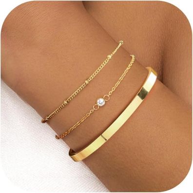 Kettenarmband Set Damen Gold 14K Vergoldet Edelstahl Perlen Zirkon 3-5 Stück