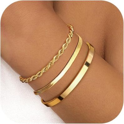 Armband Damen Gold 14K Vergoldet Figaro Perlen Ketten Set 3-5