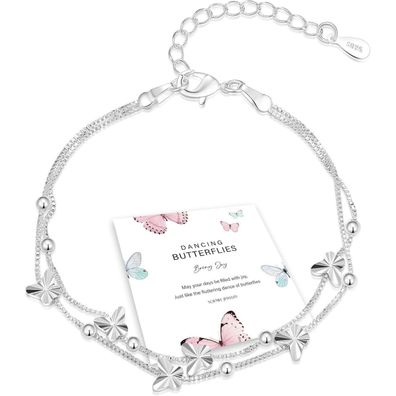 925 Silber Schmetterling Armband Damen Roségold Perlen Layered 17,7 Zoll