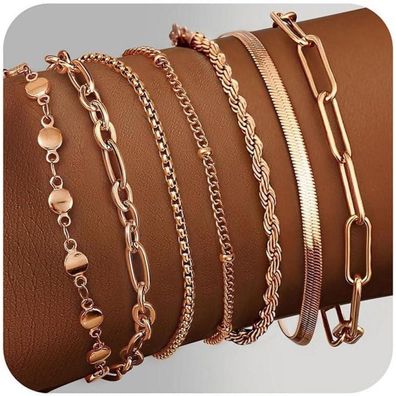 Adramata Damen Armband Set 14K Vergoldet Edelstahl CZ Verstellbar Armkette 7Pcs