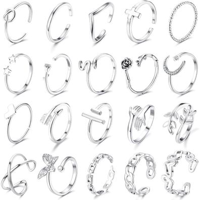 Cassieca 20 Stücke Silber Ringe Set Verstellbar Offene Knoten Stapelbare