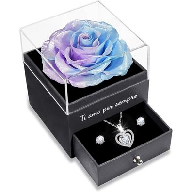 Konservierte Ewige Rose mit Halskette und Ohrringen in Geschenkbox