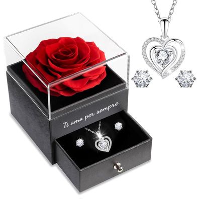 Ewige Konservierte Rose Geschenk für Frauen Halskette Set Rot Handgemacht