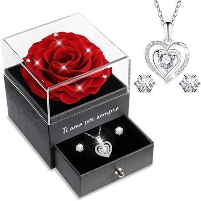 Ewige Rote Rose Geschenkset mit Halskette und Ohrringen