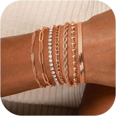 Adramata 7Pcs Damen Armband Set 14K Vergoldet CZ Modeschmuck Verstellbar Gold