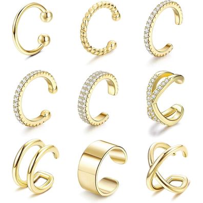 Ear Cuff Set 9 Stücke für Damen Ohrklemme 18 Karat Vergoldet Gold Ohrringe