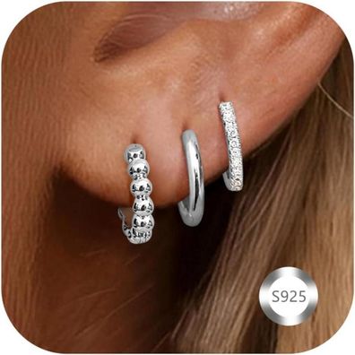 3 Paar Damen Creolen Silber 925 Goldene Ohrringe 14K Vergoldet Gold Sleeper