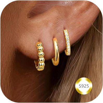 3 Paar Goldene Creolen Ohrringe Damen Silber 925 Hypoallergen Knorpel Sleeper