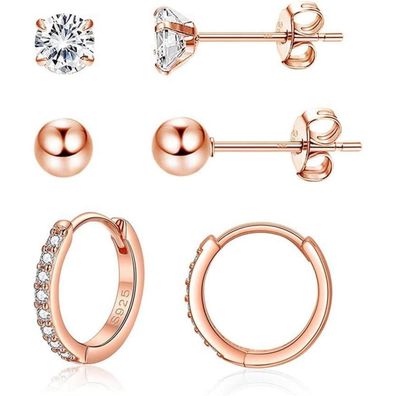 Damen Silber Creolen Ohrstecker Set 925 Sterling Silber Rose Gold 5mm&14mm