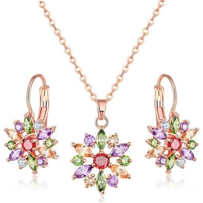 Josfeva Damen Schmuckset Rosegold Blume Halskette Creolen Ohrringe Zirkonia 48cm