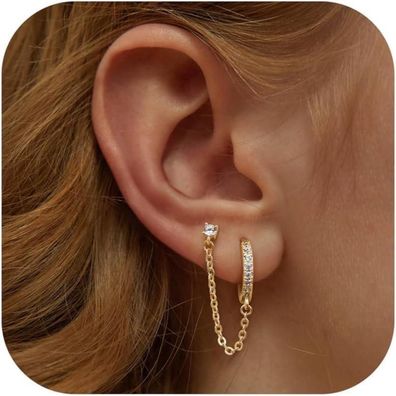 Adramata Ohrringe Silber 925 Damen 14K Vergoldet Zirkonia Creolen Kette