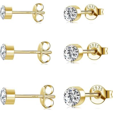925 Silber Ohrstecker Set Damen hypoallergen mit Zirkonia Gold-2/3/4mm
