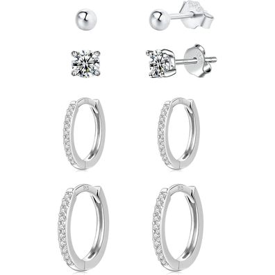 4 Paar Silber Ohrringe Set Damen Zirkonia Creolen 925 Klein Ohrstecker Set
