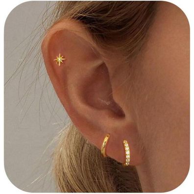 FUNEIA Ohrringe Silber 925 14K Vergoldet Damen Klein Creolen Ohrstecker Set