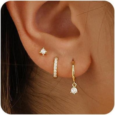 FUNEIA Ohrringe Set Silber 925 14K Vergoldet Zirkonia Ohrstecker Creolen Gold
