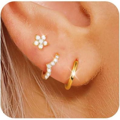 Damen 925 Silber Ohrringe Set Gold Vergoldet Zirkonia Anhänger Stapelbar